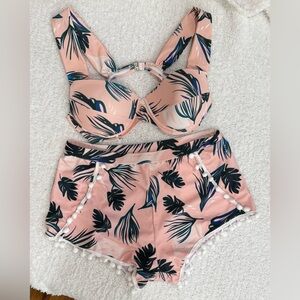 Tropical Pom Pom Bottom Retro Bikini XL NWOT
